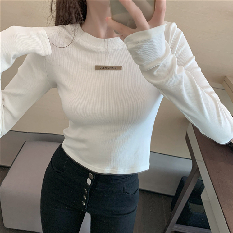 實拍～ 簡約小貼標百搭純色圓領磨毛加絨長袖打底衫t恤女