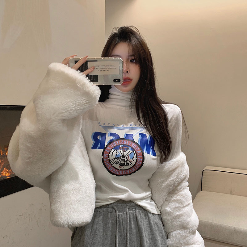 實拍！2023秋季新款修身顯瘦卡通印花高領緊身長袖T恤女2305