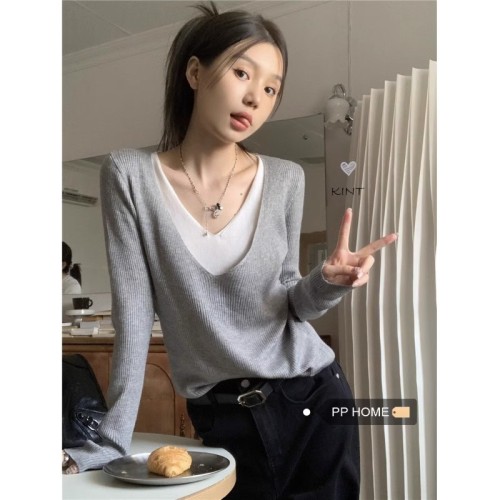 PPHOME Miss Nuofu~V-neck long-sleeved sweater women's niche autumn double-layer collar design bottoming shirt top