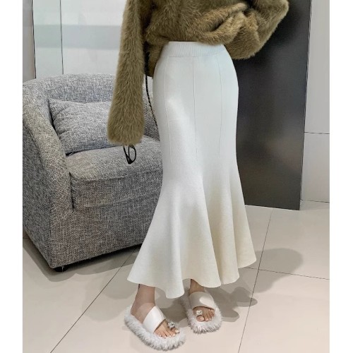 A large number of Tmall quality ruffled fishtail skirts high-waisted slimming hip-hugging knitted wool mid-length skirts