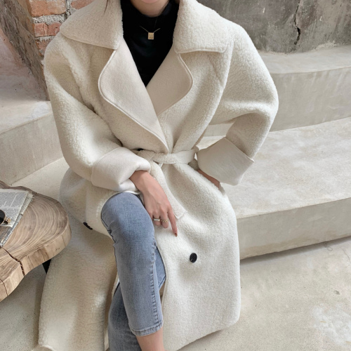 Real shot!  Winter ins personalized long coat for women versatile waisted lamb wool thickened coat