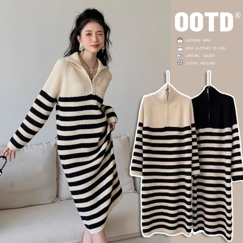 A large number of Tmall quality loose and thickened long knee-high striped knitted sweater dress long skirt