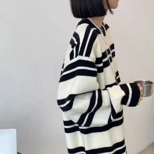 A large number of Tmall quality loose and lazy style long over-the-knee striped knitted sweater dress