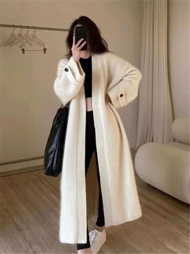 French mohair long sweater knitted cardigan coat for women autumn and winter high-end lazy loose coat coat