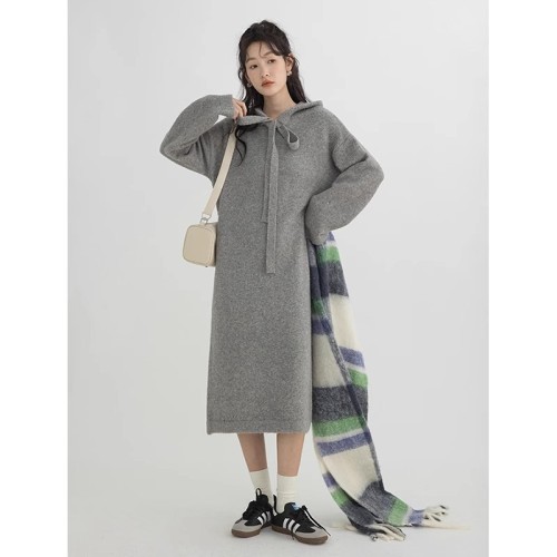 CHACHASTU retro long-sleeved knitted dress for women autumn and winter purple gray lazy style hooded sweater skirt