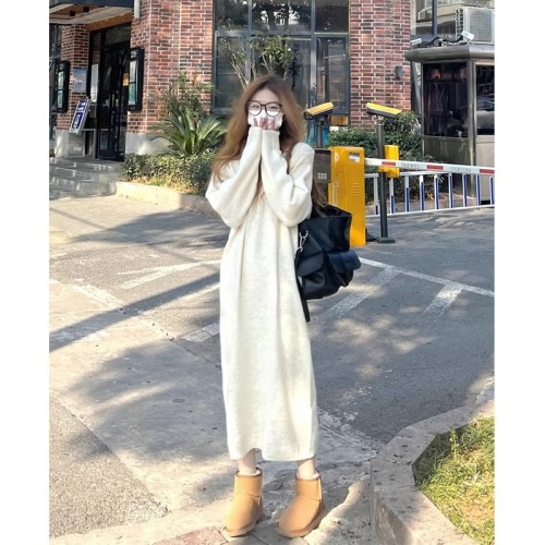 Sweater knitted dress long slimming  early autumn women's loose high-end French long skirt white