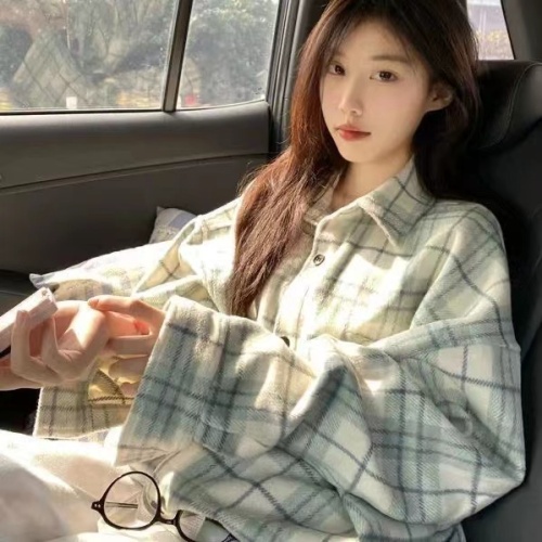 Mint Green Long Sleeve Plaid Shirt Women's Casual French Style Retro Lazy Shirt  Autumn New Top