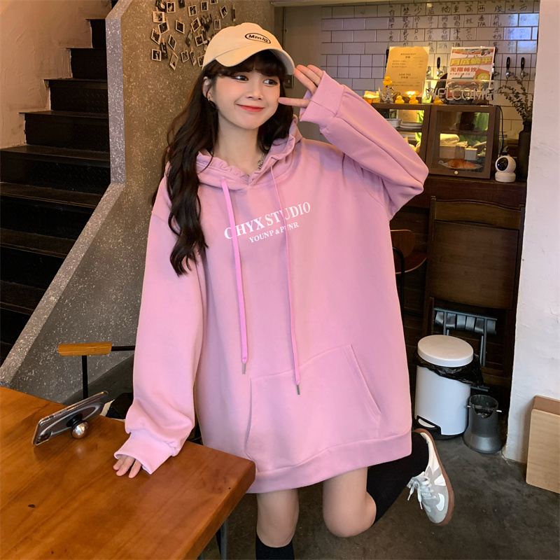 實拍 秋冬季新款韓版寬鬆印花字母加絨加厚套頭連帽衛衣