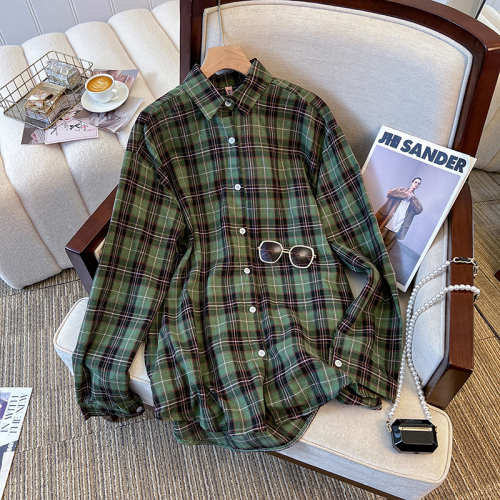 Actual shot#Retro Green Plaid Long Sleeve Shirt Women's Spring and Autumn Lazy Style Loose Layered Design Jacket Top