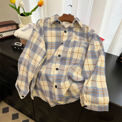 Real shot [original woolen fabric] Spring and Autumn blue long-sleeved plaid shirt for women  new retro Hong Kong style jacket