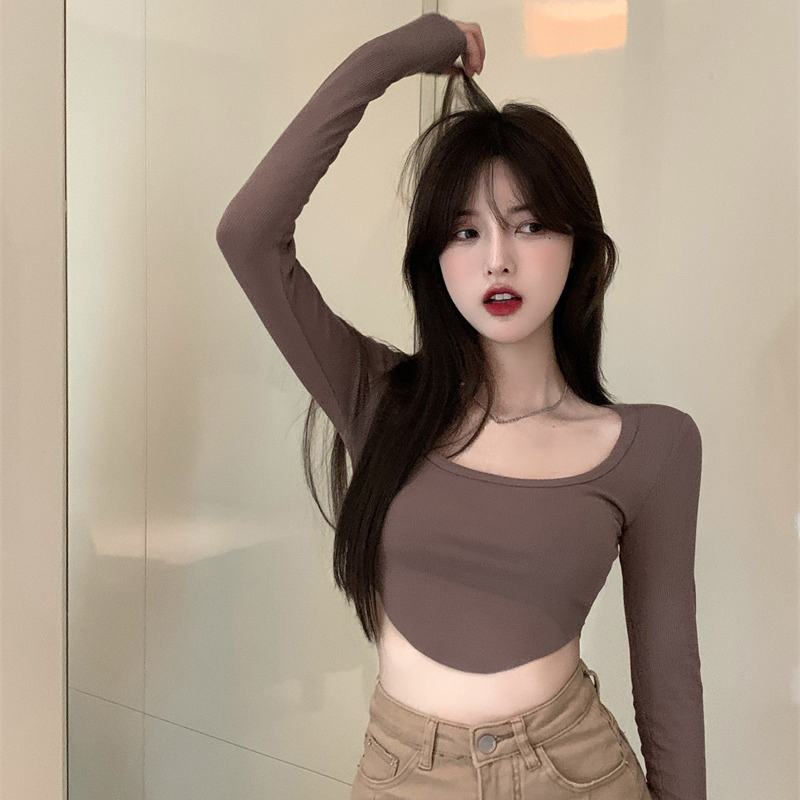 Navel-baring long-sleeved T-shirt for women autumn new Korean style short square neck top hot girl slim sexy bottoming shirt