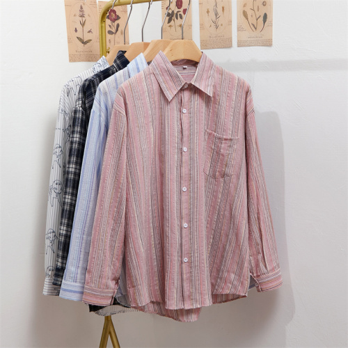 [Real shot] Original style lazy style pink loose striped shirt for women summer  thin design long sleeves