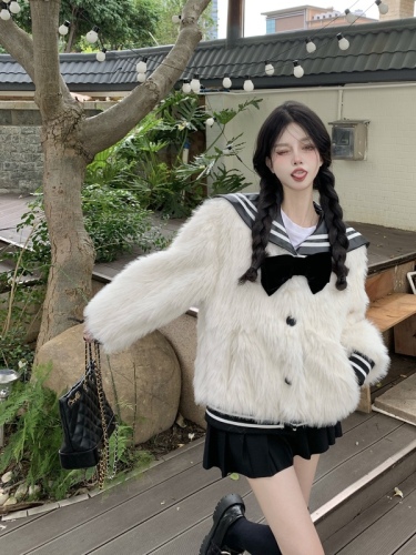 Actual shot of new autumn and winter navy collar campus style imitation fur warm jacket for women