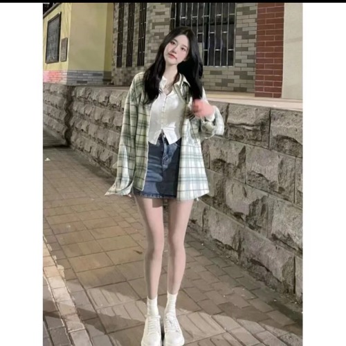 Mint Green Long Sleeve Plaid Shirt Women's Casual French Style Retro Lazy Shirt  Autumn New Top