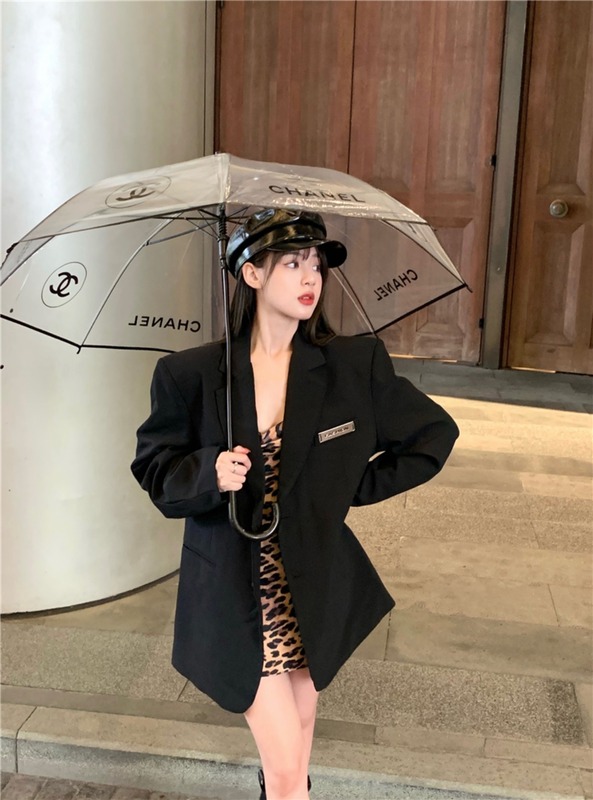 實拍港味復古黑色西裝外套寬鬆西服+豹紋吊帶裙連衣裙