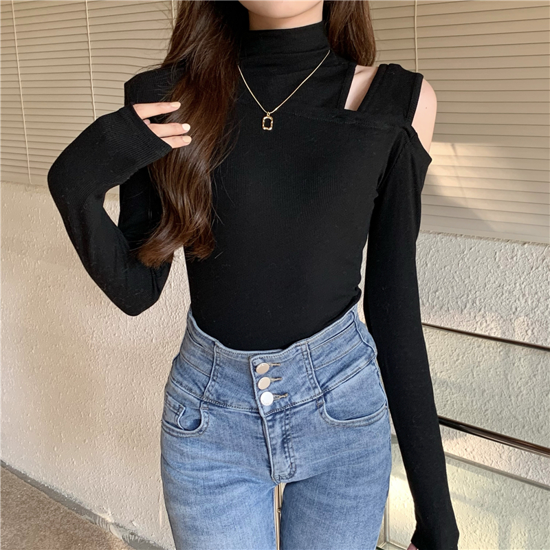 Real shot Autumn solid color half turtleneck off-shoulder long-sleeved T-shirt design niche top for women