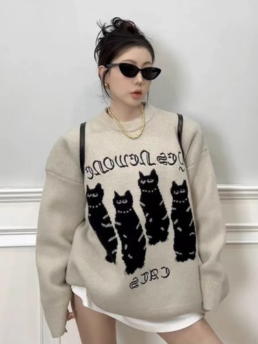 Korean style autumn and winter lazy style cat jacquard letter embroidery round neck long sleeve warm thick knitted sweater top for women