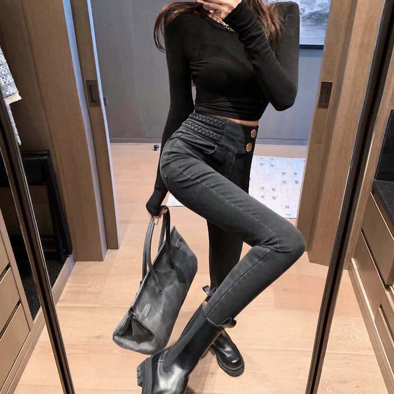 實拍！韓版時尚ins超火設計感雙腰頭高腰緊身彈力牛仔褲女