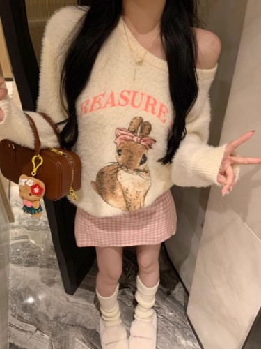 Lazy style rabbit jacquard sweater for women in autumn and winter loose thickened long-sleeved off-shoulder sweater plush velvet top for outer wear