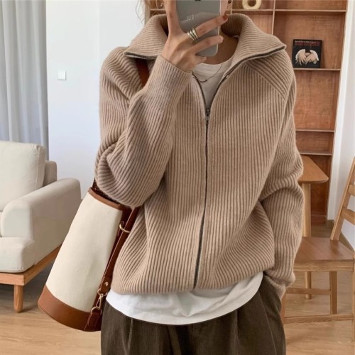 Autumn and winter lazy style high collar thickened knitted cardigan Korean style ins zipper design niche lapel sweater for women