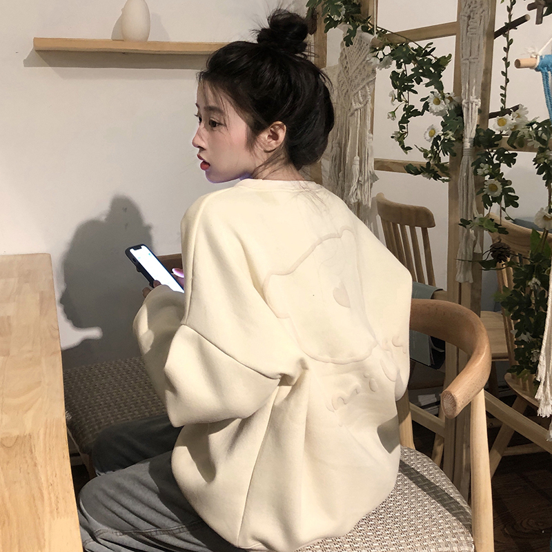 本店原創~實拍~前後發泡小熊印花加絨保暖衛衣