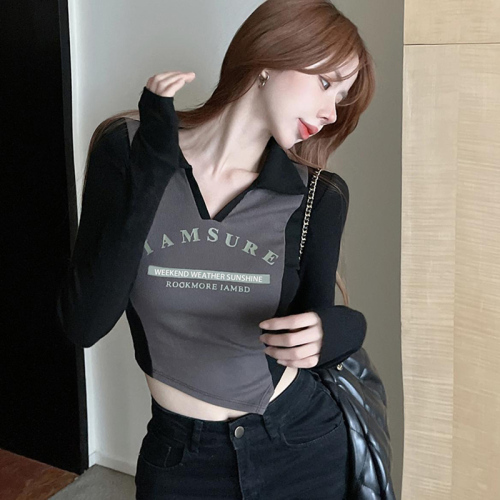 Contrast color polo neck slim long-sleeved t-shirt for women in autumn pure lust hottie sexy v-neck top chic chic bottoming shirt