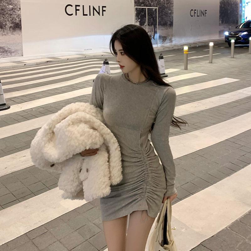 實拍！長袖連衣裙內搭秋冬小個子氣質顯瘦抽繩褶皺包臀裙2313