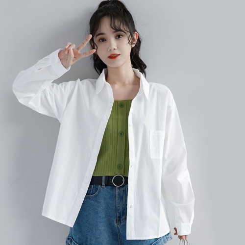 Velvet pure cotton  new casual white long-sleeved shirt women's thin top loose niche jacket