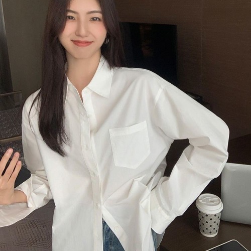 Velvet pure cotton  new casual white long-sleeved shirt women's thin top loose niche jacket