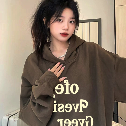 Exclusively for Tmall [Chinese Cotton Composite Silver Fox Velvet] Autumn and Winter Letter Printed Brown Velvet Sweatshirt