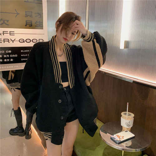 Actual shot~Korean style loose contrasting color lamb wool towel embroidered long-sleeved jacket