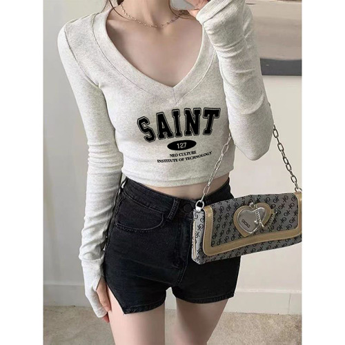 Odell 92 cotton 8 spandex autumn and winter Korean style V-neck long-sleeved bottoming T-shirt fashionable design printed short top