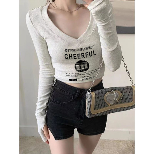 Odell 92 cotton 8 spandex autumn and winter Korean style V-neck long-sleeved bottoming T-shirt fashionable design printed short top