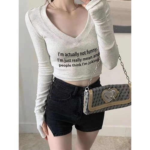 Odell 92 cotton 8 spandex autumn and winter Korean style V-neck long-sleeved bottoming T-shirt fashionable design printed short top