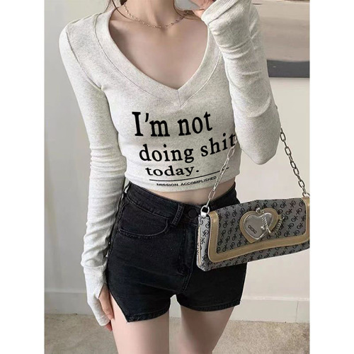 Odell 92 cotton 8 spandex autumn and winter Korean style V-neck long-sleeved bottoming T-shirt fashionable design printed short top