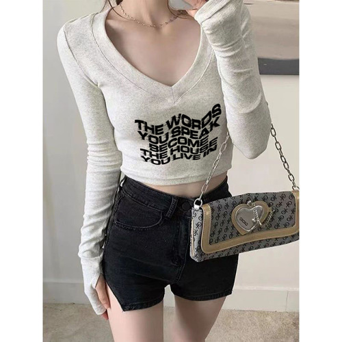 Odell 92 cotton 8 spandex autumn and winter Korean style V-neck long-sleeved bottoming T-shirt fashionable design printed short top