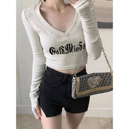 Odell 92 cotton 8 spandex autumn and winter Korean style V-neck long-sleeved bottoming T-shirt fashionable design printed short top