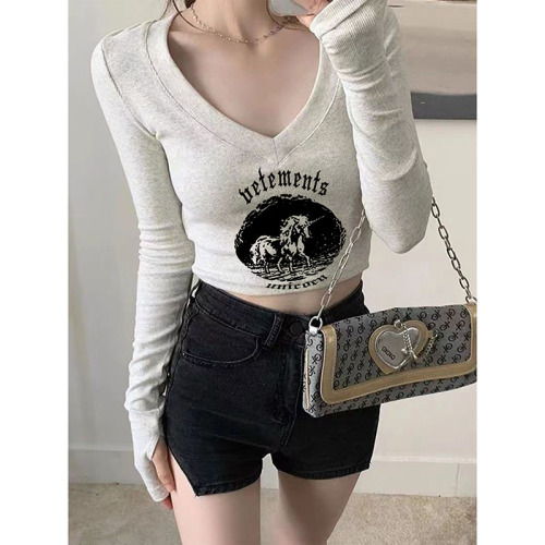 Odell 92 cotton 8 spandex autumn and winter Korean style V-neck long-sleeved bottoming T-shirt fashionable design printed short top