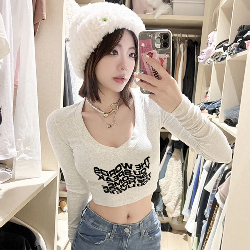 Odell 92 cotton 8 spandex autumn and winter Korean style V-neck long-sleeved bottoming T-shirt fashionable design printed short top