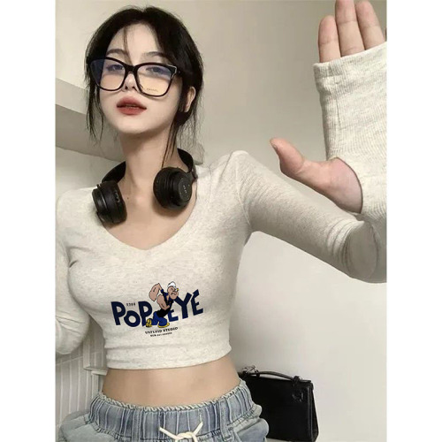 Odell 92 cotton 8 spandex autumn and winter Korean style V-neck long-sleeved bottoming T-shirt fashionable design printed short top