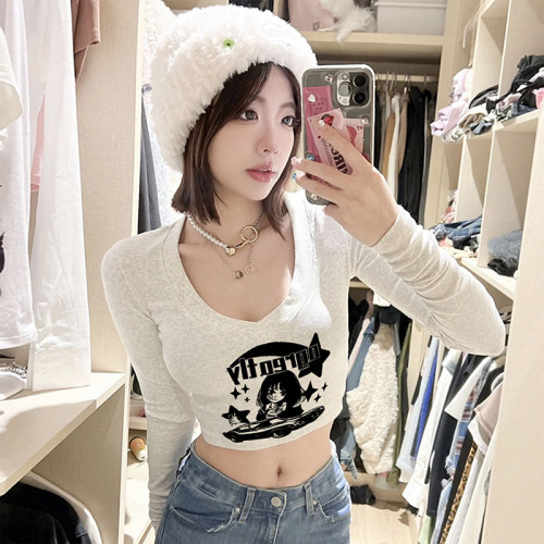 Odell 92 cotton 8 spandex autumn and winter Korean style V-neck long-sleeved bottoming T-shirt fashionable design printed short top