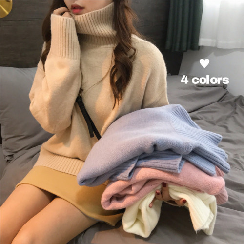 Actual shot of versatile loose sweater jacket, slim and stylish, solid color thickened turtleneck sweater, sweater