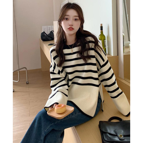 [Quality] Autumn and winter Korean retro striped sweater women's sweater loose slimming long-sleeved top