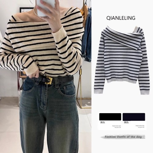 French style one-shoulder slim-fitting striped sweater for women in fall with off-the-shoulder outer wear and long-sleeved top