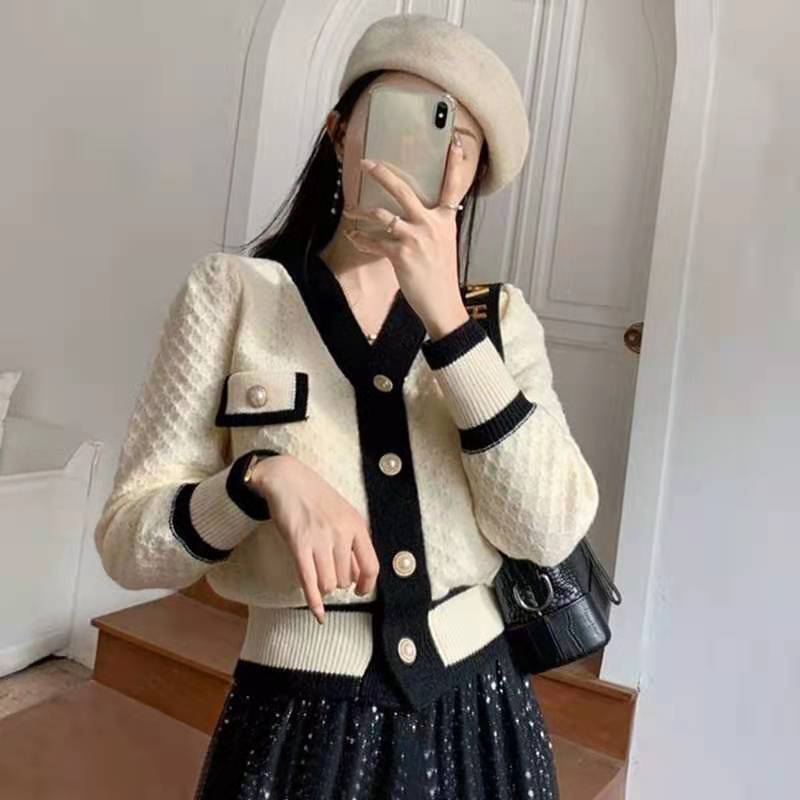 韓國chic秋季新款小香風高級感撞色設計感小眾針織開衫外套女