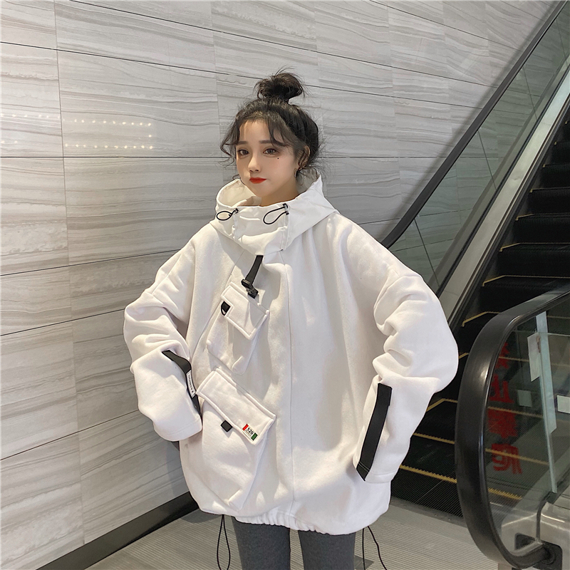實拍~加絨衛衣女連帽嘻哈拼接寬鬆秋冬bf工裝長袖外套