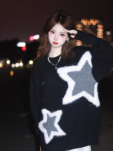 Good quality [sheep wool] [large format] American towel embroidered stars lazy style pullover sweater for couple