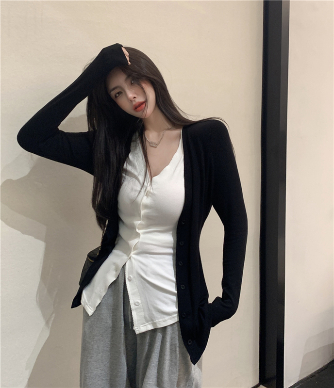 實拍～ 秋季撞色拼接假兩件開衫V領ins上衣T恤外套女