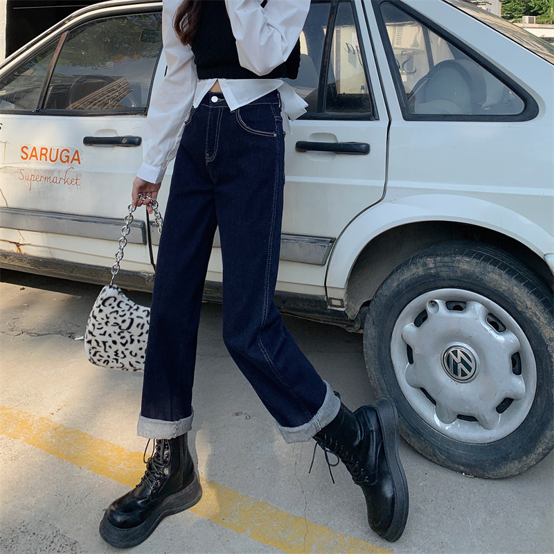 實拍復古闊腿牛仔褲女秋季2023新款高腰顯瘦百搭寬鬆拖地直筒長褲