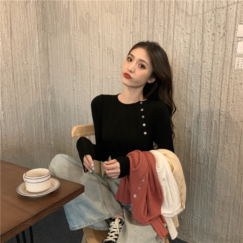 實拍 韓國斜扣設計感針織衫簡約氣質打底衫上衣